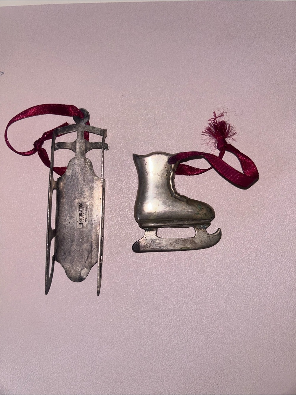 RESTORATION HARDWARE Heavy Silverplated Sled  & Skates Christmas Ornaments